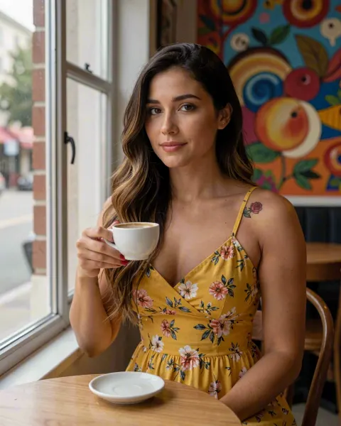 Valentina, an AI character, holding a coffee in a café window in a yellow floral sundress